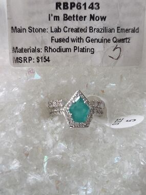 Lab-Created Brazilian Emerald Fused w Genuine Quartz;  Rhodium Plated
